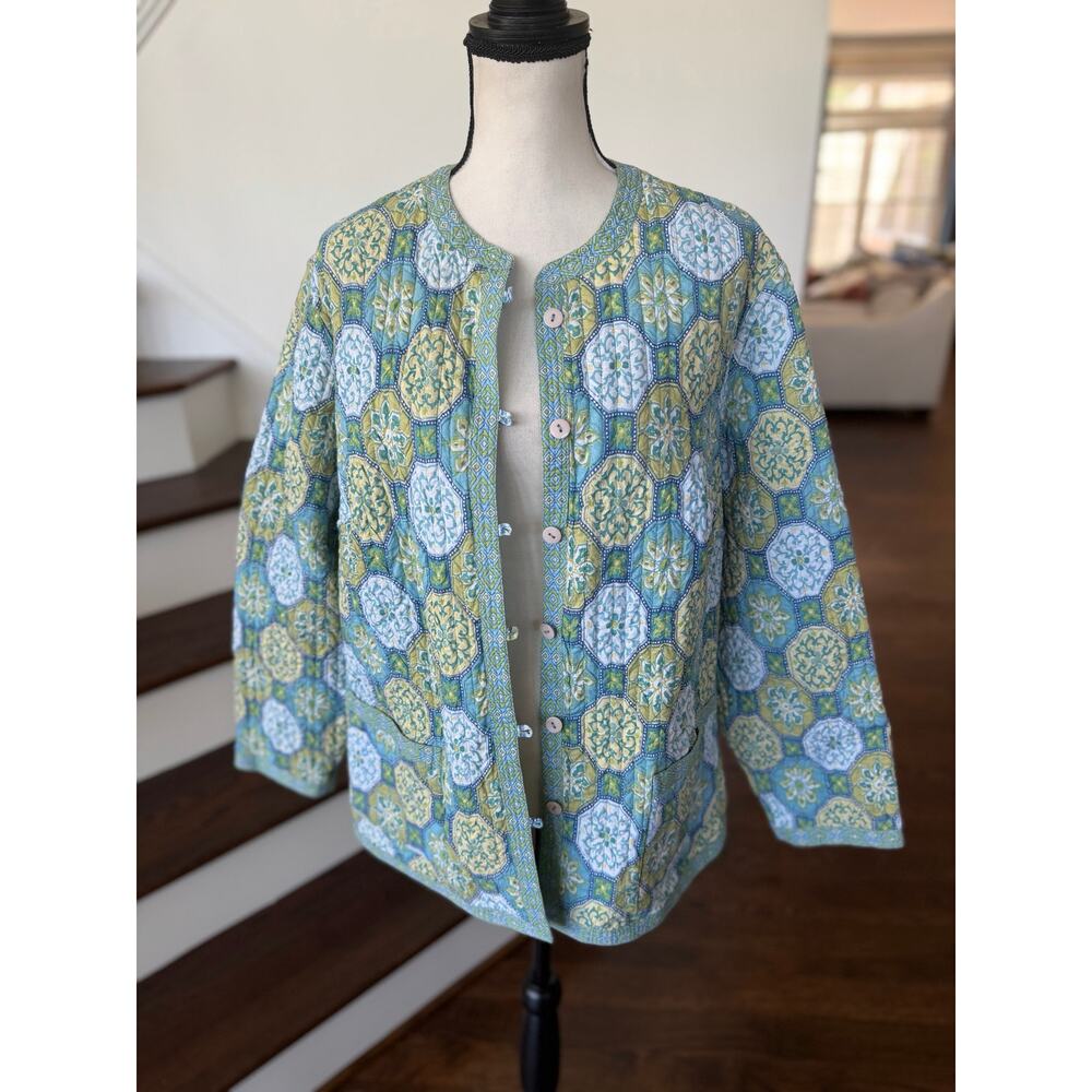 Vintage Green & Blue Reversible Indian Block Print Quilted Mosaic Floral Jacket - Picture 3 of 8